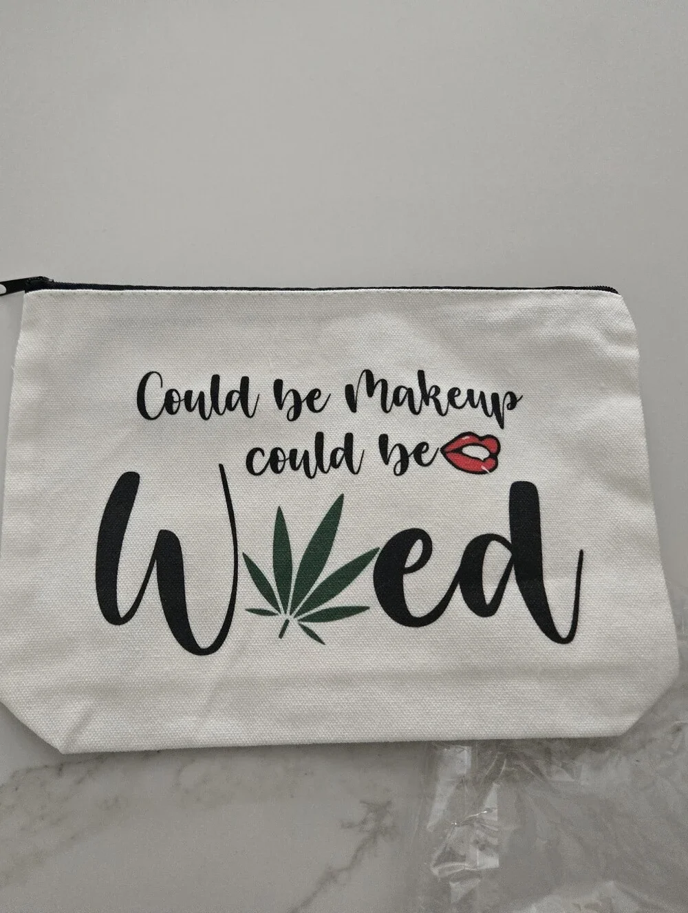 NEW White Canvas Makeup Bag with Green Leaf Print